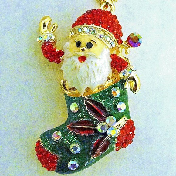 Jolly SANTA CLAUS Stocking Rhinestone Necklace - Picture 5 of 11